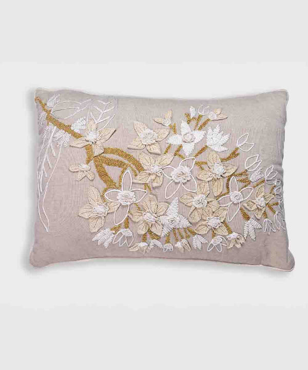 The Elysian Hand Embroidered | Beige | Cotton Chambray Cushion Covers | 14x20