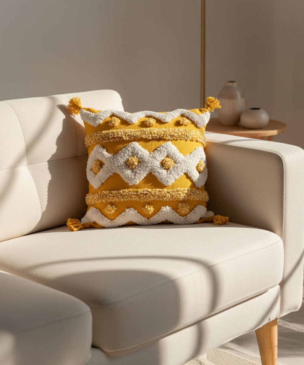 Mango Duet – Hand Tufted Geometric Cushion with Tassels