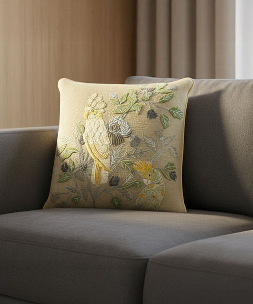 Cockatoo Carnival Hand Embroidered Cushion Covers | 24x24 | 100% Cotton
