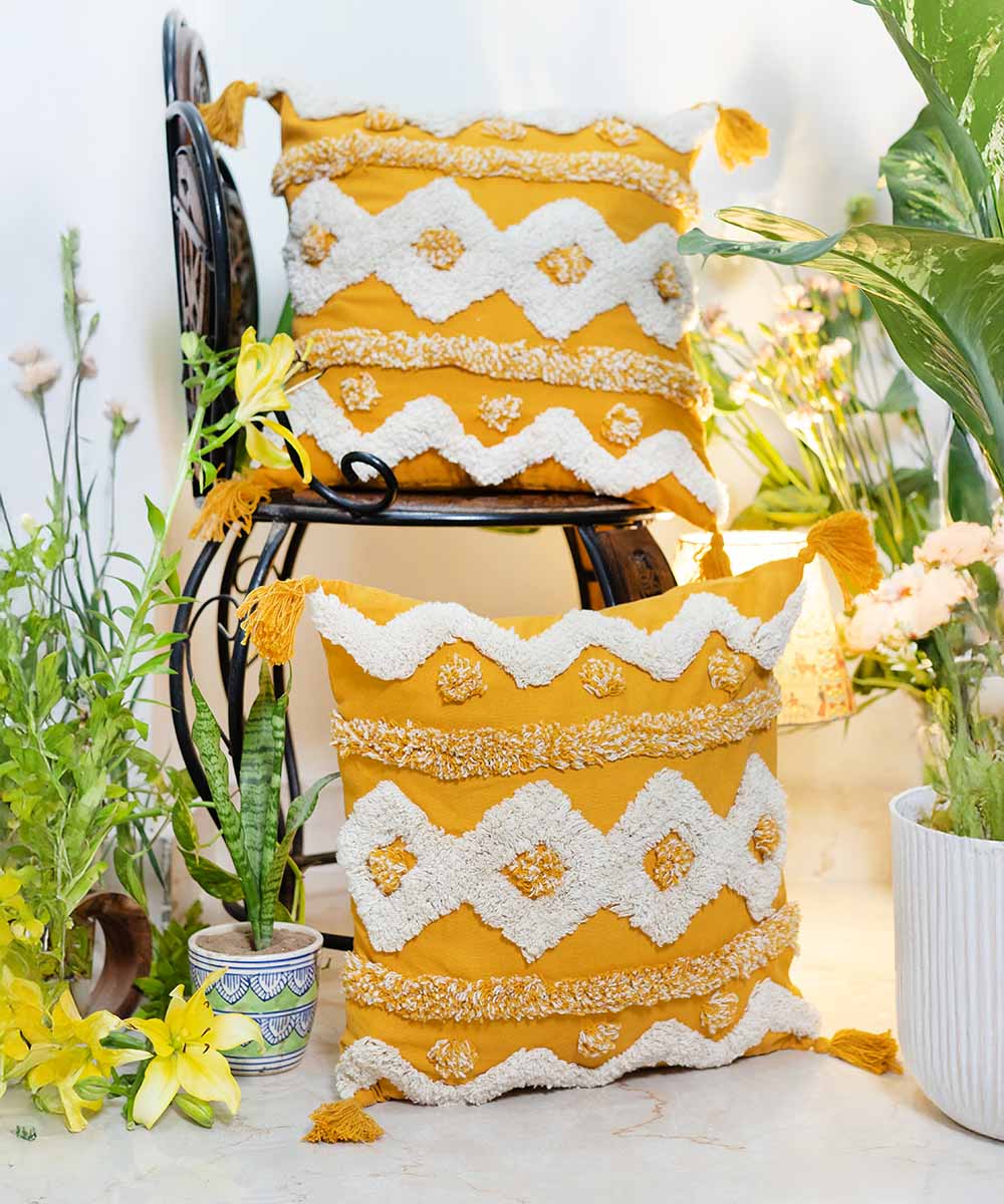 Mango Duet – Hand Tufted Geometric Cushion with Tassels
