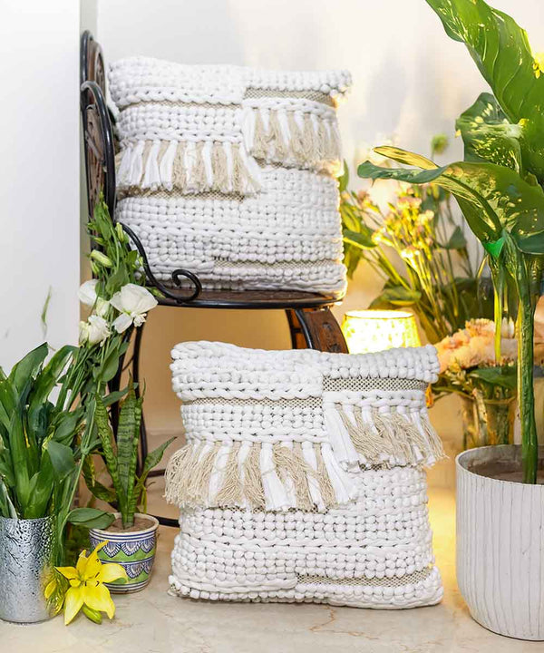 Nordéa Woven Elegance Pillow | 100% Cotton Cushion Covers with Tassels | 16x16