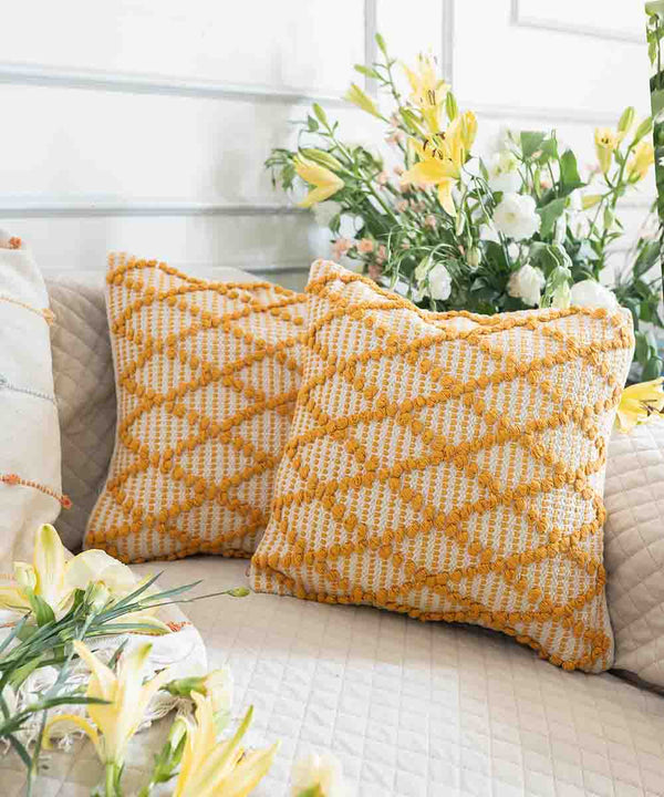 Diamond Drop | Cheerful Mustard Hand Tufted 100% Cotton Cushion Covers | 16x16