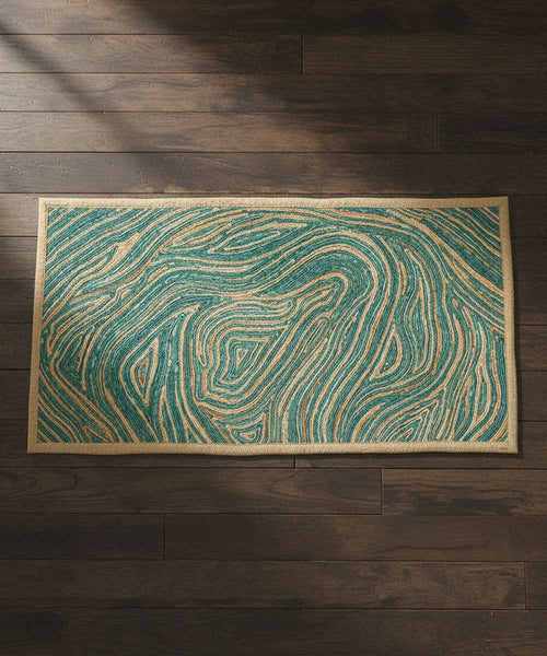 Emerald Canvas of Currents – Hand Made Artisan Jute Rug | 90% Jute 10% Cotton | 28 × 56 in
