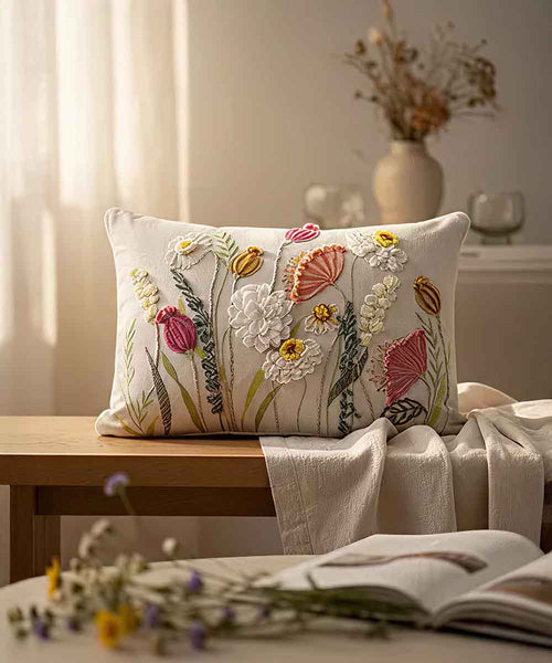 Blush and Bloom Hand Embroidered | Textured Cotton Cushion Covers | 14x20