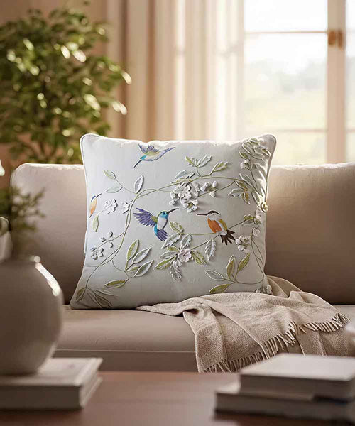 Botanical Bird Hand Embroidered | Textured Cotton Cushion Covers | 18x18