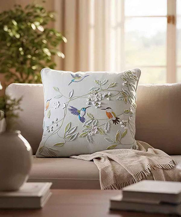 Botanical Bird Hand Embroidered | Textured Cotton Cushion Covers | 18x18