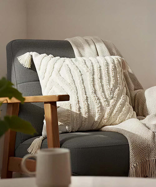 Ivory Echo Geometric Boho 100% Cushion Covers with Tassels | 16x16