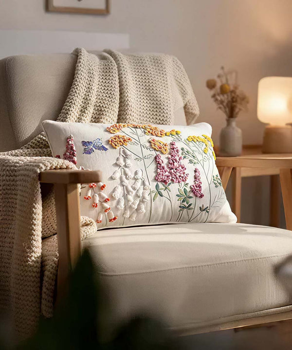 The Humming Bloom Hand Embroidered Cushion Covers | 14x20 | 100% Cotton